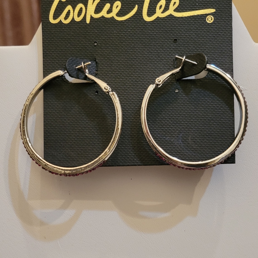 Cookie Lee Silver and Fuchsia Crystal Hoop Earrings